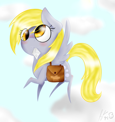 Size: 2373x2528 | Tagged: safe, artist:holomouse, imported from derpibooru, derpy hooves, pegasus, pony, blushing, cloud, female, mail, mouth hold, pointy ponies, solo