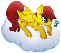 Size: 2609x2257 | Tagged: safe, artist:holomouse, imported from derpibooru, oc, oc only, oc:dahlia, butterfly, pegasus, pony, blue eyes, cloud, female, folded wings, high res, lying down, lying on a cloud, mare, on a cloud, pegasus oc, prone, red mane, red tail, signature, simple background, smiling, solo, tail, transparent background, wings