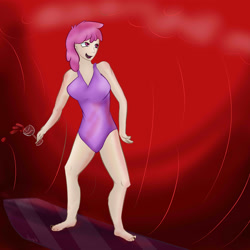 Size: 3000x3000 | Tagged: safe, artist:holomouse, imported from derpibooru, berry punch, berryshine, human, alcohol, clothes, female, humanized, one-piece swimsuit, solo, surfboard, surfing, swimsuit, wine