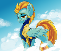 Size: 2448x2048 | Tagged: safe, artist:kovoranu, artist:skitsroom, imported from derpibooru, lightning dust, pegasus, pony, clothes, cloud, collaboration, dock, ear fluff, eyebrows, female, folded wings, goggles, leg fluff, mare, open mouth, sky, solo, tail, uniform, wings, wonderbolt trainee uniform