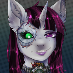 Size: 1500x1500 | Tagged: safe, artist:serodart, imported from derpibooru, oc, oc only, pony, robot, robot pony, unicorn, choker, clock, clothes, commission, cybernetic organism: living tissue over metal ponyskeleton, ear piercing, piercing, smiling, smirk, solo