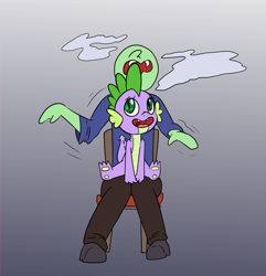 Size: 961x998 | Tagged: safe, artist:happy harvey, imported from derpibooru, spike, oc, oc:anon, dragon, human, blushing, chair, clothes, gay, gradient background, human male, interspecies, knees pressed together, looking back, looking up, male, open mouth, pants, phone drawing, shirt, sitting, sitting on person, young