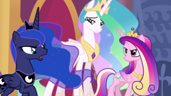 Size: 1280x720 | Tagged: safe, imported from derpibooru, screencap, princess cadance, princess celestia, princess luna, alicorn, pony, season 4, twilight's kingdom, alicorn triarchy, colored wings, crown, ethereal mane, ethereal tail, female, folded wings, g4, galaxy mane, horn, jewelry, mare, multicolored hair, multicolored mane, multicolored tail, multicolored wings, regalia, royal sisters, siblings, sisters, tail, trio, trio female, wings