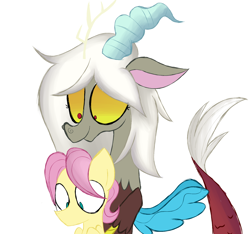 Size: 1600x1500 | Tagged: safe, artist:alandisc, imported from derpibooru, discord, fluttershy, draconequus, pegasus, pony, bust, butterscotch, discoshy, duo, eris, erisbetes, eriscotch, eyelashes, female, happy, holding a pony, hug, hug from behind, male, no pupils, rule 63, shipping, simple background, straight, white background