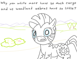 Size: 1300x1000 | Tagged: safe, artist:purblehoers, imported from derpibooru, zecora, zebra, blue eyes, bush, grass, grass field, guns germs and steel, mountain, mountain range, ms paint, path, question, solo, text, tree