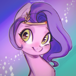 Size: 1200x1200 | Tagged: safe, artist:annaxeptable, edit, imported from derpibooru, pipp petals, pegasus, pony, abstract background, adorapipp, bust, commission, crown, cute, eyebrows, female, g5, heart, heart eyes, jewelry, looking at you, mare, regalia, signature, smiling, smiling at you, solo, wingding eyes