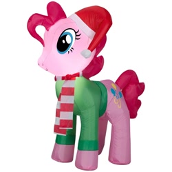 Size: 1000x1000 | Tagged: safe, imported from derpibooru, pinkie pie, earth pony, pony, christmas, clothes, decoration, hat, hearth's warming eve, holiday, inflatable, santa hat, scarf, simple background, solo, striped scarf, sweater, white background