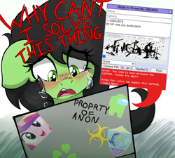 Size: 2478x2227 | Tagged: safe, artist:czu, imported from derpibooru, princess cadance, oc, oc only, oc:filly anon, earth pony, pony, /mlp/, 4chan, amogus, among us, biohazard sign, blushing, captcha, computer, crying, female, filly, hi anon, i'm not cute, laptop computer, meme, vulgar