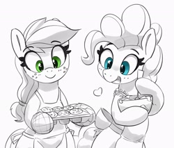 Size: 3029x2578 | Tagged: safe, artist:pabbley, imported from derpibooru, applejack, pinkie pie, earth pony, pony, apron, baking, bipedal, bowl, clothes, cute, diapinkes, duo, female, floating heart, food, grayscale, hatless, heart, hoof hold, jackabetes, mare, missing accessory, mixing bowl, monochrome, muffin, open mouth, open smile, oven mitts, partial color, simple background, smiling, white background