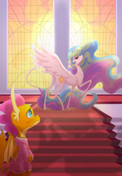 Size: 1600x2315 | Tagged: safe, artist:shaslan, imported from derpibooru, princess celestia, smolder, alicorn, dragon, pony, blushing, clothes, crack shipping, dragoness, dress, duo, female, leonine tail, mare, shipping, smolestia, stained glass window, tail