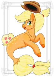 Size: 1280x1840 | Tagged: safe, artist:daynaskully, imported from derpibooru, applejack, earth pony, seapony (g4), applejack's hat, cowboy hat, cute, digital art, dorsal fin, ear fluff, female, fish tail, flowing mane, flowing tail, freckles, green eyes, hat, mare, mermay, open mouth, open smile, seaponified, seapony applejack, signature, simple background, smiling, solo, species swap, speedpaint, tail, white background, yellow mane, yellow tail