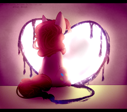 Size: 2377x2100 | Tagged: safe, artist:holomouse, imported from derpibooru, pinkie pie, earth pony, pony, facing away, female, heart, mare, paint brush tail, rear view, sitting, solo