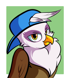 Size: 2806x3181 | Tagged: safe, artist:qbellas, imported from twibooru, gilda, griffon, backwards cap, baseball cap, cap, chest fluff, female, fluffy, folded wings, hat, image, looking at you, png, simple background, sitting, solo, wings