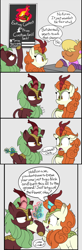 Size: 1626x4960 | Tagged: safe, artist:icey, imported from derpibooru, autumn blaze, cinder glow, ms. harshwhinny, summer flare, earth pony, kirin, pony, female, flower, foal's breath, food, glow, glowing horn, horn, mare, pepper, this will end in fire, this will end in nirik, tongue out