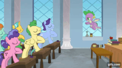 Size: 640x360 | Tagged: safe, imported from derpibooru, screencap, spike, dragon, earth pony, pegasus, pony, unicorn, marks for effort, season 8, spoiler:s08, animated, eyes closed, female, flying, gif, gifs.com, male, mare, open mouth, school of friendship, smiling, spread wings, stallion, winged spike, wings