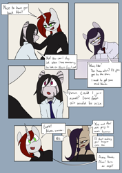 Size: 4961x7016 | Tagged: safe, artist:tenenbris, imported from derpibooru, oc, oc only, oc:abel masei, oc:alicia malice, oc:alma, oc:patricia sorg, semi-anthro, unicorn, zebra, comic:things change, eyeshadow, makeup, zebra oc