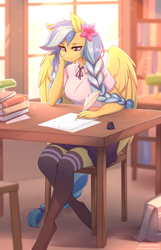 Size: 1934x3002 | Tagged: safe, alternate version, artist:fensu-san, imported from derpibooru, oc, oc only, oc:jeppesen, anthro, pegasus, unguligrade anthro, bag, beautiful, black socks, book, bookshelf, bowtie, braid, braided tail, breasts, briefcase, chair, clothes, commission, crepuscular rays, cute, desk, female, flower, flower in hair, indoors, ink, inkwell, kneesocks, lamp, legs, library, lidded eyes, lined paper, long hair, long tail, mare, plaid skirt, pleated skirt, quill, quill pen, reasonably sized breasts, scenery, school bag, school uniform, schoolgirl, shirt, sitting, skirt, smiling, socks, solo, spread wings, stockings, striped socks, studying, tail, thigh highs, twin braids, uniform, window, wing fluff, wings, writing, zettai ryouiki