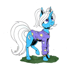 Size: 1280x1122 | Tagged: safe, artist:darkhestur, imported from derpibooru, trixie, pony, unicorn, alternate hairstyle, babysitter trixie, clothes, cute, diatrixes, female, hoodie, mare, marker, pigtails, raised hoof, simple background, smiling, solo, traditional art, white background