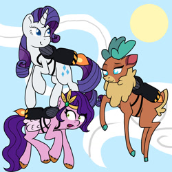 Size: 1280x1280 | Tagged: safe, artist:lindasaurie, imported from derpibooru, pipp petals, rarity, deer, pegasus, pony, reindeer, unicorn, them's fightin' herds, cloud, community related, context is for the weak, crossover, female, flying, g5, jetpack, sky, sky background, trio, trio female, velvet (tfh)