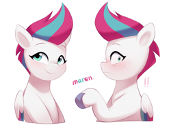 Size: 2900x2179 | Tagged: safe, artist:maren, imported from derpibooru, zipp storm, pegasus, pony, blushing, duality, exclamation point, female, flustered, g5, looking at you, mare, my little pony: tell your tale, simple background, smiling, solo, sweat, sweatdrops, unshorn fetlocks, white background