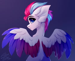 Size: 1024x840 | Tagged: source needed, safe, artist:shinoshai, imported from derpibooru, zipp storm, pegasus, pony, blue background, colored wings, colored wingtips, eyebrows, female, frown, g5, looking at you, looking back, looking back at you, mare, multicolored wings, rear view, signature, simple background, solo, spread wings, wings