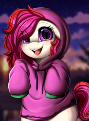 Size: 2601x3549 | Tagged: safe, artist:pridark, imported from derpibooru, oc, oc only, oc:merry, earth pony, pony, bipedal, clothes, commission, earth pony oc, freckles, high res, hoodie, looking at you, open mouth, ych result