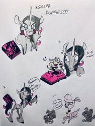 Size: 2129x2818 | Tagged: safe, artist:littlemissyxdl, imported from derpibooru, fhtng th§ ¿nsp§kbl, demon, dog, sheep, unicorn, them's fightin' herds, blushing, book, community related, cute, high res, oleander (tfh), oleandere, pom (tfh), puppy, sheep dog, traditional art, tsundere, unicornomicon, unshorn fetlocks