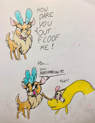 Size: 2160x2775 | Tagged: safe, artist:littlemissyxdl, imported from derpibooru, alpaca, deer, reindeer, them's fightin' herds, angry, community related, duo, eyebrows, frown, high res, insult, jealous, open mouth, paprika (tfh), silly, traditional art, unamused, velvet (tfh), velvet is not amused