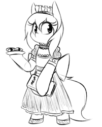 Size: 640x795 | Tagged: safe, artist:rice, imported from derpibooru, oc, oc only, earth pony, pony, bipedal, clothes, food, maid, menu, monochrome, simple background, solo, white background