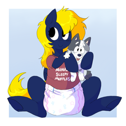 Size: 2169x2157 | Tagged: safe, artist:sheepypeepy, imported from derpibooru, oc, oc only, oc:naveen numbers, dog, pony, diaper, diaper fetish, fetish, non-baby in diaper, smiling, solo, underhoof