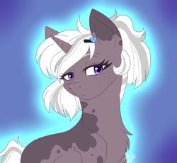 Size: 1924x1768 | Tagged: safe, artist:drawing-assassin-art, derpibooru exclusive, imported from derpibooru, oc, oc only, pony, unicorn, chest fluff, digital art, female, freckles, hairpin, half body, looking at you, mare, ponytail, simple background, solo, spots, two toned mane
