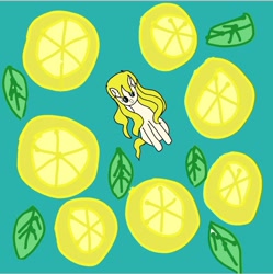 Size: 1080x1086 | Tagged: artist needed, safe, imported from derpibooru, oc, pony, blue background, food, leaves, lemon, simple background, solo, wallpaper, yellow hair