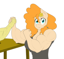Size: 1484x1367 | Tagged: safe, artist:calm wind, artist:matchstickman, imported from derpibooru, pear butter, anthro, earth pony, ;p, animated, arm wrestling, biceps, blinking, female, flexing, looking at you, muscles, muscular female, offscreen character, one eye closed, pear buffer, simple background, tongue out, white background, wink, winking at you