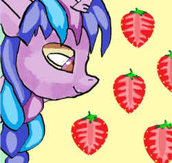 Size: 598x568 | Tagged: safe, imported from derpibooru, pony, unicorn, blue hair, food, photo, purple eyes, simple background, solo, strawberry, yellow background