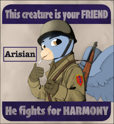 Size: 4209x4600 | Tagged: safe, artist:leotheunicorn, derpibooru exclusive, imported from derpibooru, hippogriff, equestria at war mod, cigarette, m1 garand, poster, poster parody, propaganda, thumbs up