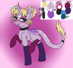 Size: 1875x1755 | Tagged: safe, artist:drawing-assassin-art, derpibooru exclusive, imported from derpibooru, classical unicorn, unicorn, butt freckles, choker, clothes, ear piercing, female, freckles, hair bun, jewelry, leonine tail, makeup, mare, multicolored coat, piercing, reference sheet, stockings, tattoo, thigh highs, tongue out, tongue piercing