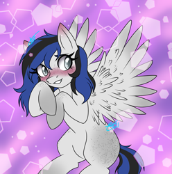 Size: 1587x1600 | Tagged: safe, artist:drawing-assassin-art, derpibooru exclusive, imported from derpibooru, oc, oc only, pegasus, blank flank, blind, blushing, butt freckles, ear blush, female, freckles, mare, multicolored coat, pegasus oc, simple background, solo, spread wings, two toned mane, wing fluff, wings