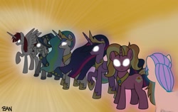 Size: 2500x1584 | Tagged: safe, artist:banquo0, imported from derpibooru, luster dawn, princess celestia, star swirl the bearded, sunny starscout, twilight sparkle, oc, oc:fausticorn, alicorn, earth pony, pony, unicorn, the last problem, avatar cycle, avatar the last airbender, beard, crown, facial hair, female, g5, glowing, glowing eyes, jewelry, male, mare, older, older twilight, princess twilight 2.0, raised hoof, regalia, stallion, twilight sparkle (alicorn)