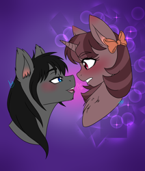 Size: 2148x2528 | Tagged: safe, artist:drawing-assassin-art, derpibooru exclusive, imported from derpibooru, oc, oc only, oc:dark water, oc:pumpkin spice, bat pony, unicorn, bat pony oc, blushing, bow, chest fluff, chin fluff, ear blush, ear fluff, eyebrows, eyebrows visible through hair, fangs, female, flirting, hair bow, horn, looking at each other, looking at someone, male, mare, oc x oc, shipping, simple background, sparkles, stallion, straight, two toned mane, unicorn oc