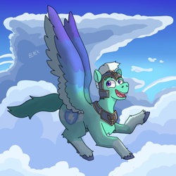 Size: 500x500 | Tagged: safe, artist:nb-hedgewolf, imported from derpibooru, pegasus, pony, cloud, flying, g5, male, open mouth, pegasus royal guard, royal guard, solo, stallion, thunder flap, wrong cutie mark