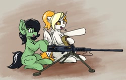 Size: 1998x1278 | Tagged: safe, artist:reddthebat, imported from derpibooru, oc, oc only, oc:dyx, oc:filly anon, alicorn, earth pony, pony, alicorn oc, cigarette, duo, earth pony oc, female, filly, gun, horn, m2 browning, machine gun, mare, sitting, weapon, wings