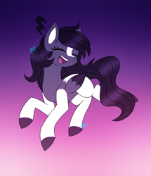 Size: 1737x2022 | Tagged: safe, artist:drawing-assassin-art, derpibooru exclusive, imported from derpibooru, oc, oc only, oc:domino, pegasus, colored wings, eyebrows, eyebrows visible through hair, eyes closed, facial markings, female, freckles, gradient background, hooves, jumping, mare, open mouth, open smile, pegasus oc, simple background, smiling, solo, two toned coat, two toned wings, wavy mane, wings
