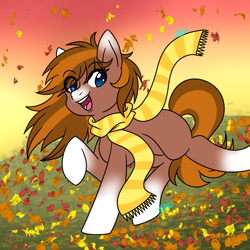 Size: 2000x2000 | Tagged: safe, artist:drawing-assassin-art, derpibooru exclusive, imported from derpibooru, oc, oc only, oc:mocha, earth pony, pony, autumn, autumn leaves, blank flank, clothes, coat markings, colored eartips, earth pony oc, facial markings, falling leaves, femboy, grass, leaves, looking at you, male, open mouth, open smile, outdoors, raised hoof, raised leg, scarf, smiling, snip (coat marking), socks (coat markings), solo, stallion, striped scarf, sunset, two toned coat, two toned mane