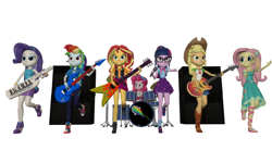 Size: 5120x3072 | Tagged: safe, artist:n3onh100, imported from derpibooru, applejack, fluttershy, pinkie pie, rainbow dash, rarity, sci-twi, sunset shimmer, twilight sparkle, human, equestria girls, equestria girls series, bass guitar, drums, flying v, gibson flying v, guitar, humane five, humane seven, humane six, keytar, microphone, musical instrument, rarity peplum dress, simple background, speaker, tambourine, the rainbooms, white background