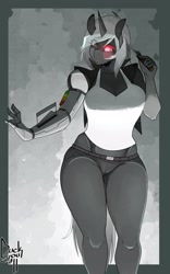 Size: 2000x3200 | Tagged: safe, artist:da3rd, imported from derpibooru, oc, oc only, oc:sprocket, anthro, cyborg, unicorn, amputee, black and white, breasts, cleavage, commission, female, grayscale, mare, monochrome, neo noir, partial color, prosthetic arm, prosthetic eye, prosthetic limb, prosthetics, solo