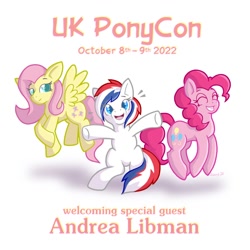 Size: 1200x1200 | Tagged: safe, artist:_lucasholt_, imported from derpibooru, fluttershy, pinkie pie, oc, oc:britannia (uk ponycon), earth pony, pegasus, pony, andrea libman, mascot, simple background, uk ponycon, united kingdom, voice actor, white background