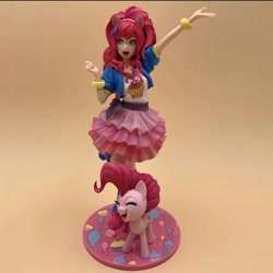 Size: 720x721 | Tagged: safe, imported from derpibooru, kotobukiya, pinkie pie, earth pony, human, pony, equestria girls, cat ears, clothes, cupcake, dress, duo, eyes closed, food, japanese, kotobukiya pinkie pie, self paradox