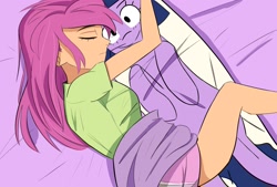 Size: 1972x1333 | Tagged: safe, artist:artiks, imported from derpibooru, sunny starscout, twilight sparkle, human, bed, body pillow, clothes, cuddling, g5, humanized, my little pony: a new generation, shirt, sleeping, spooning, t-shirt