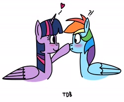 Size: 2347x1926 | Tagged: safe, artist:twidasherboop, imported from derpibooru, rainbow dash, twilight sparkle, alicorn, pegasus, :|, blushing, boop, confused, exclamation point, female, happy, heart, large wings, lesbian, question mark, raised hoof, shipping, signature, simple background, smiley face, surprised, twidash, twilight sparkle (alicorn), white background