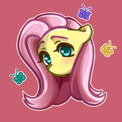 Size: 2000x2000 | Tagged: safe, artist:mirednesy, imported from derpibooru, fluttershy, butterfly, pegasus, pony, blushing, cute, female, looking at you, mare, no mouth, outline, red background, shyabetes, simple background, solo, white outline